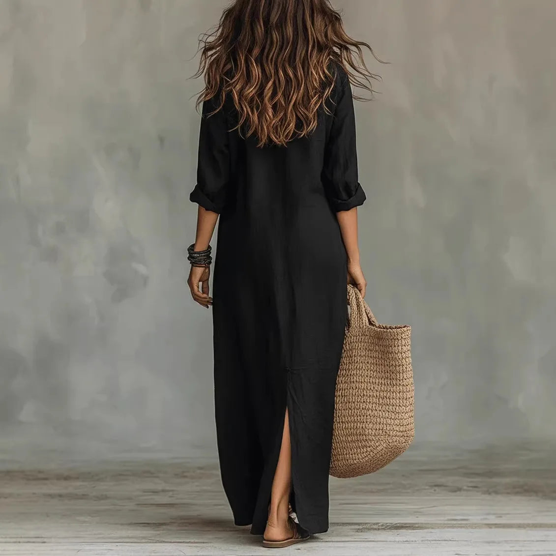 Collared Button Split Hem Casual Maxi Dress