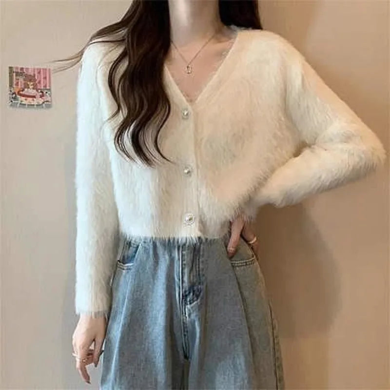 Luminous Sleeve V-Neck Monochrome Button-Up Knit Cardigan Coat – view 5