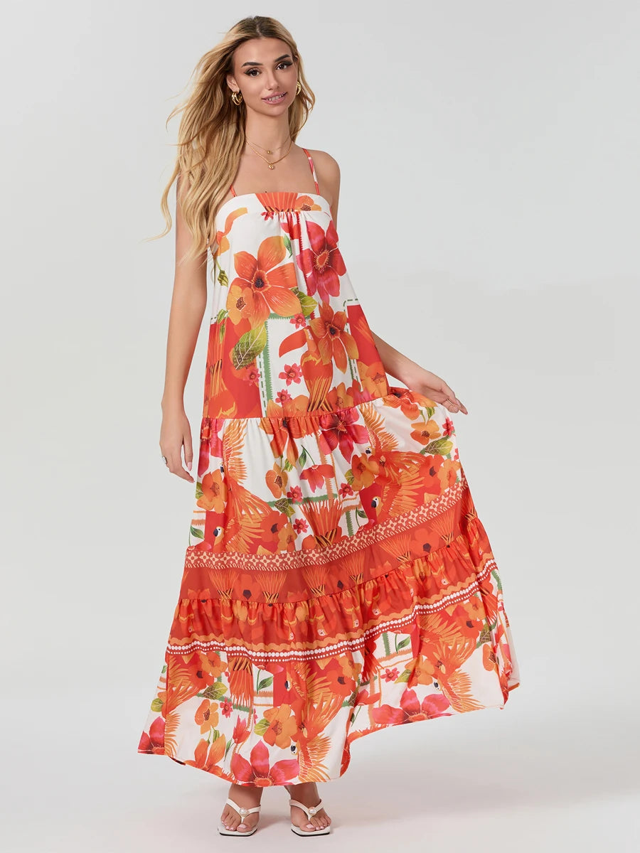 Bohemian Flowy Foliage Ruched A-Line Floral Dress