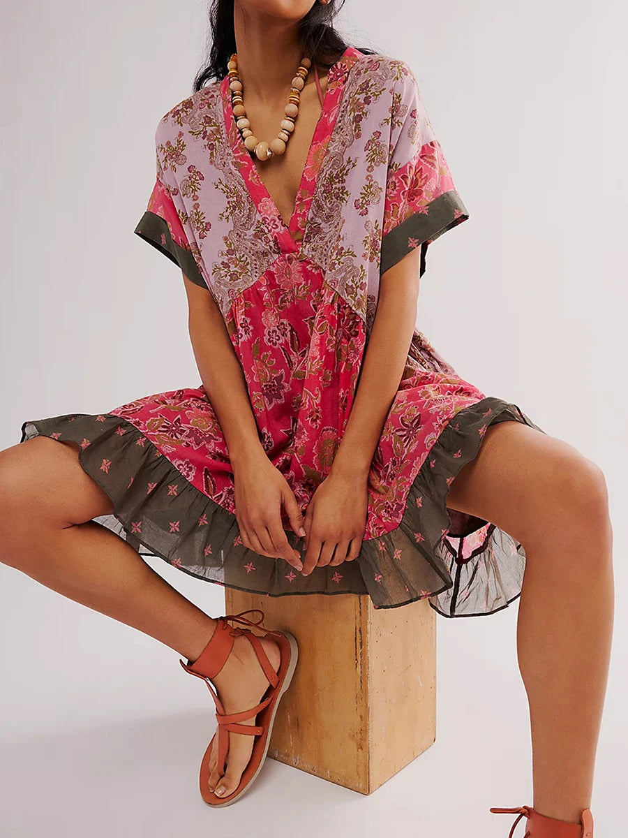Warm Bohemian Babydoll Flower Pattern V-Neck Dress