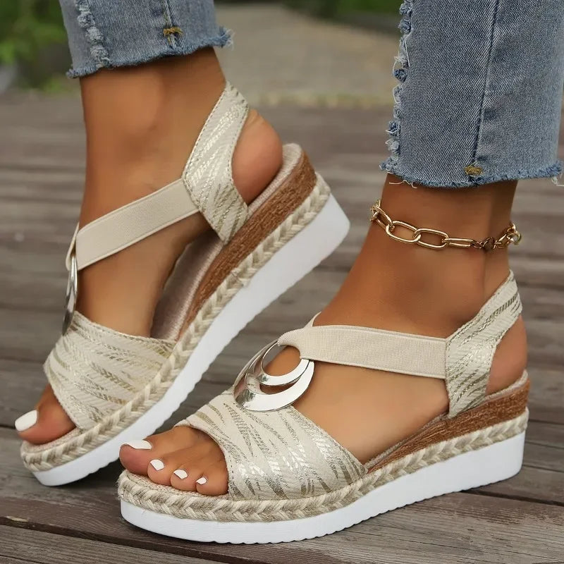 Striped Metallic Espadrille Wedge Sandal - Summer Resort