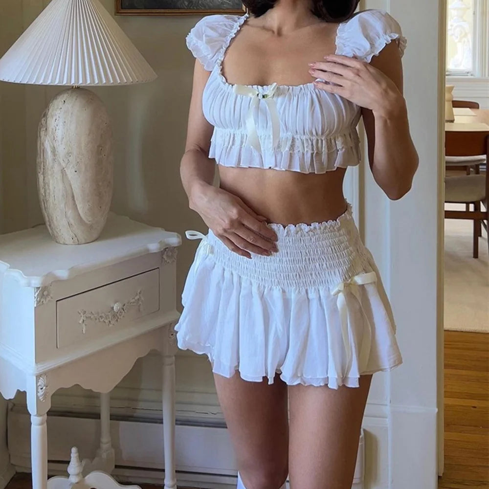 00s Cute Outfit Bow Trim Off Shoulder Crop Tops T-shirt + Ruffled Layered Mini Skirt Y2K Fairycore 2 Piece Set Women Clothes