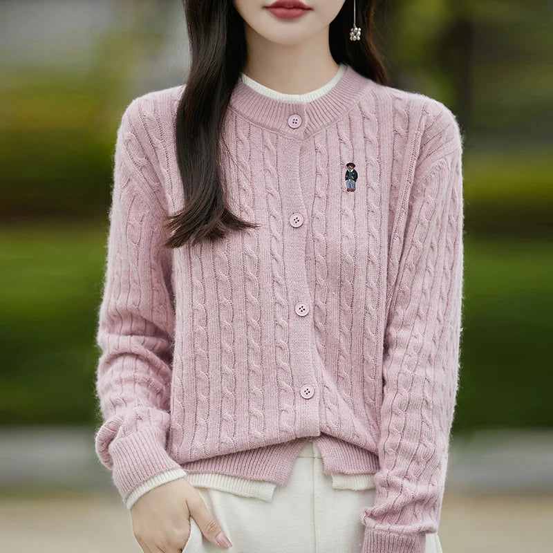 Stitched Small Bear Baggy Cashmere O-Neck Cardigan