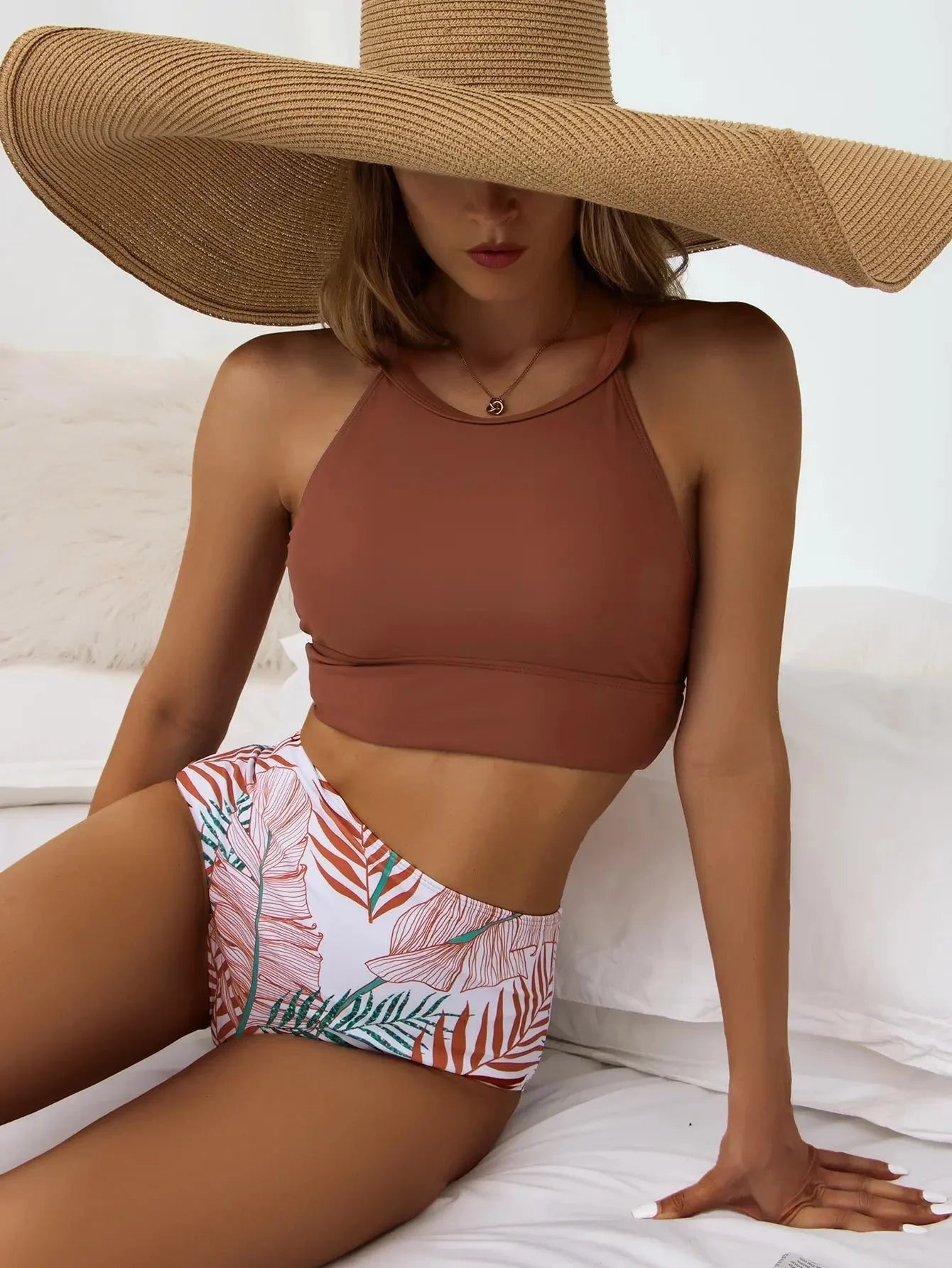 High Neck Solid Print Two Piece Set