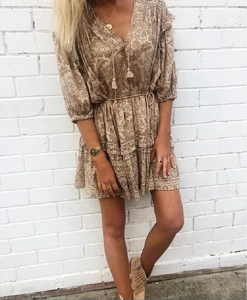 Short Dress Bohemian Retro Sleeveless Flower Pattern Fall Seaside Dress – view 4