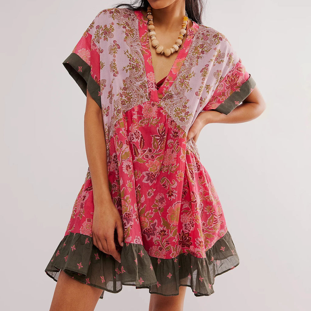 Warm Bohemian Babydoll Flower Pattern V-Neck Dress