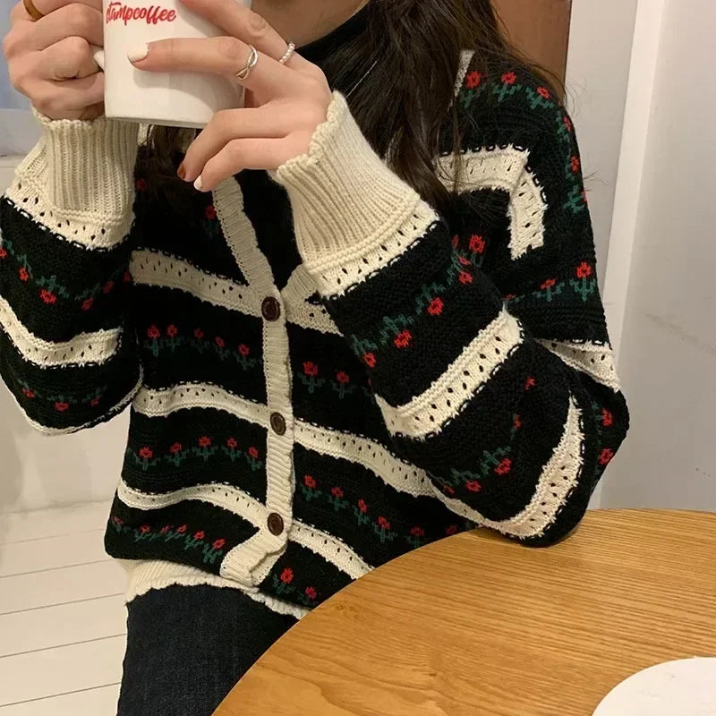 Striped Blossom Textured Button Front Cardigan – view 4