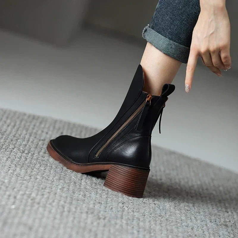Leather Side Zip Block Heel Ankle Boot