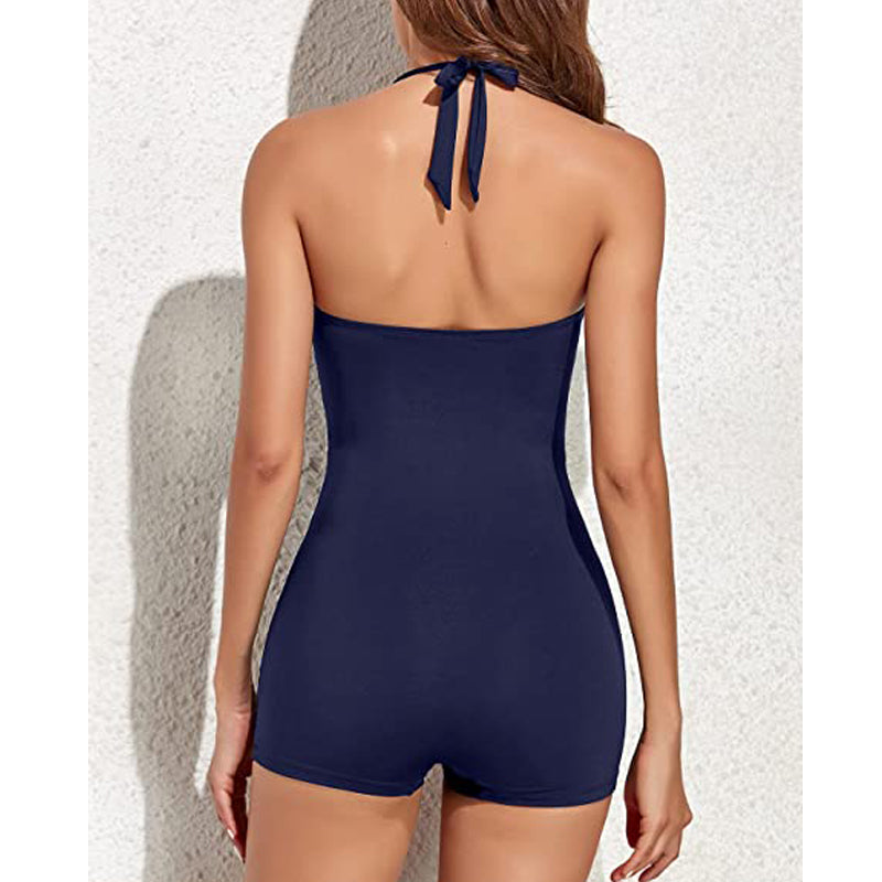 Ruched Halter Neck Sweetheart Boyleg One Piece Swimsuit