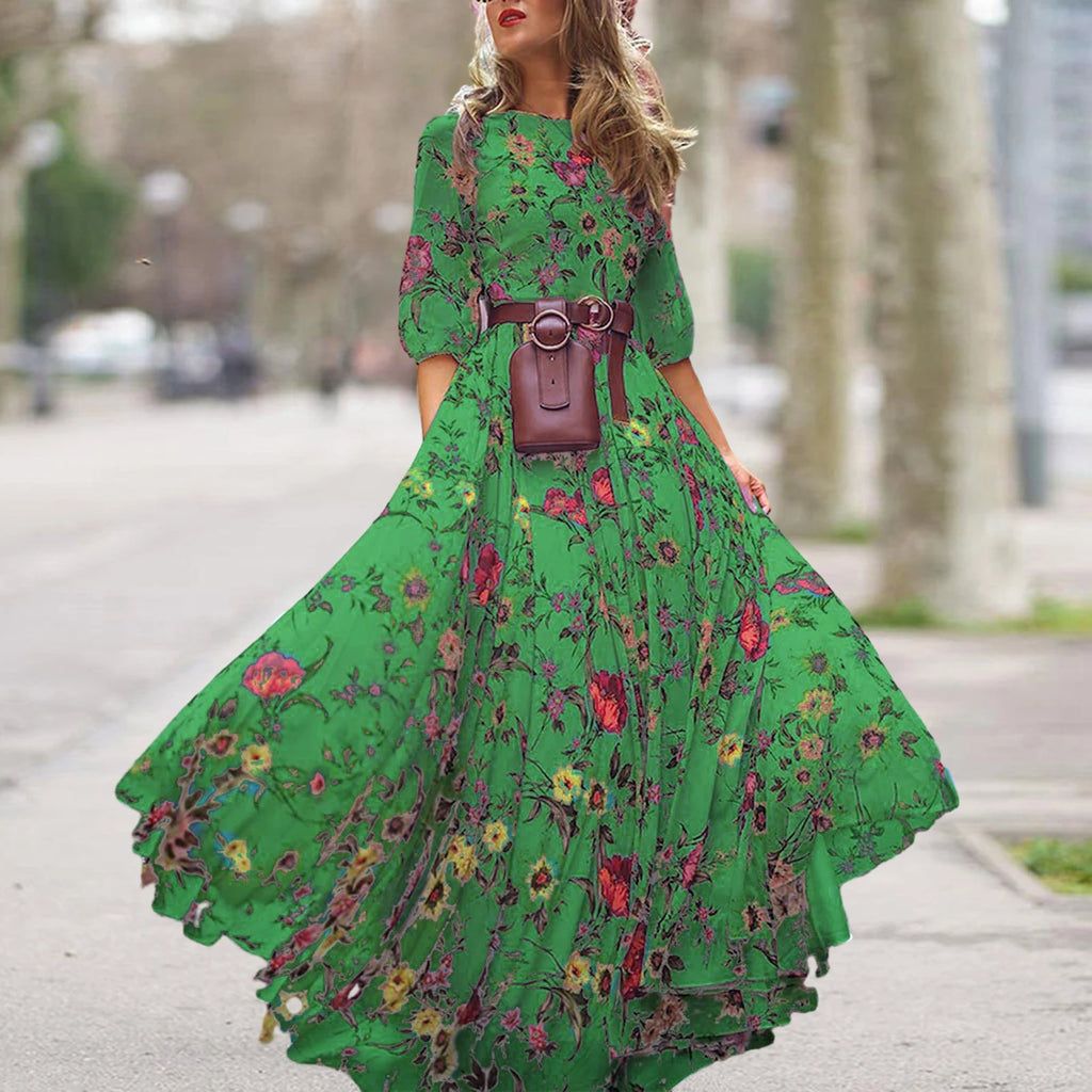 Long Dress Floral Pattern Pleated Swing Evening Dress