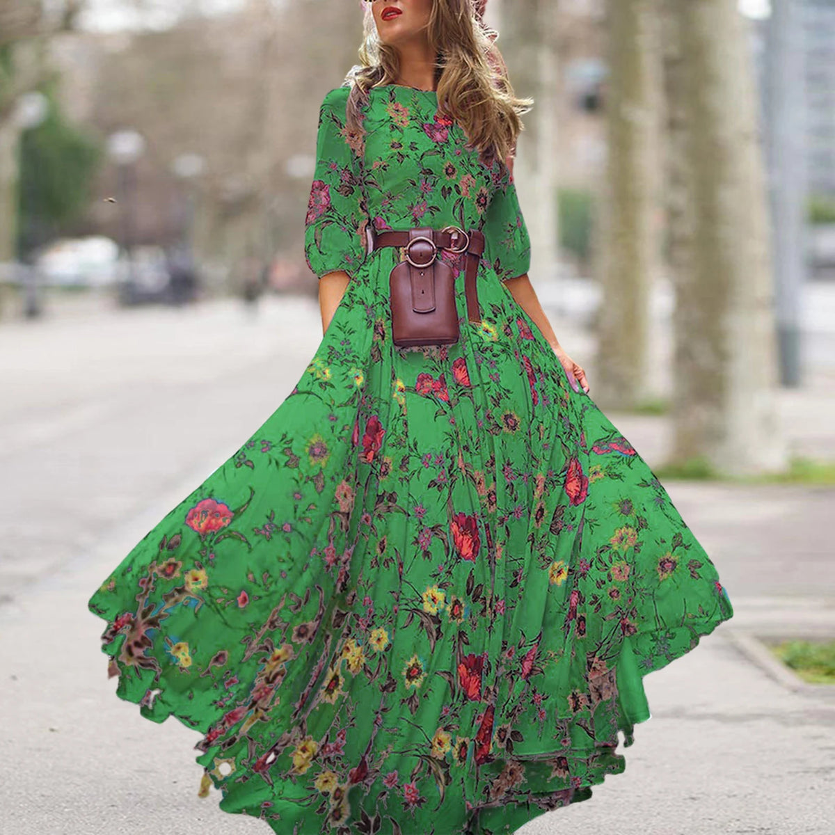 Long Dress Floral Pattern Pleated Swing Evening Dress