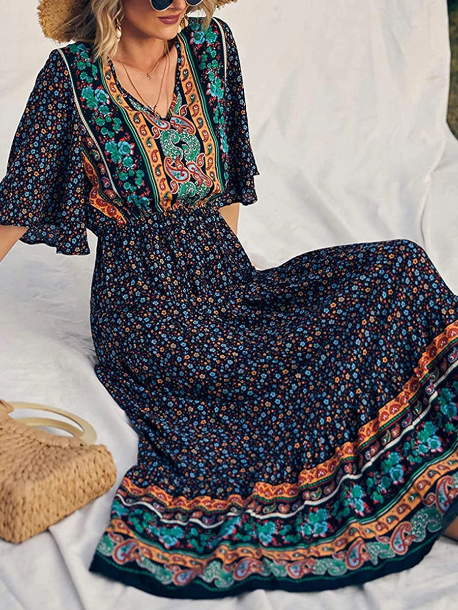 Vintage Flower Pattern V-neck Bohemian Sun Dress – view 5