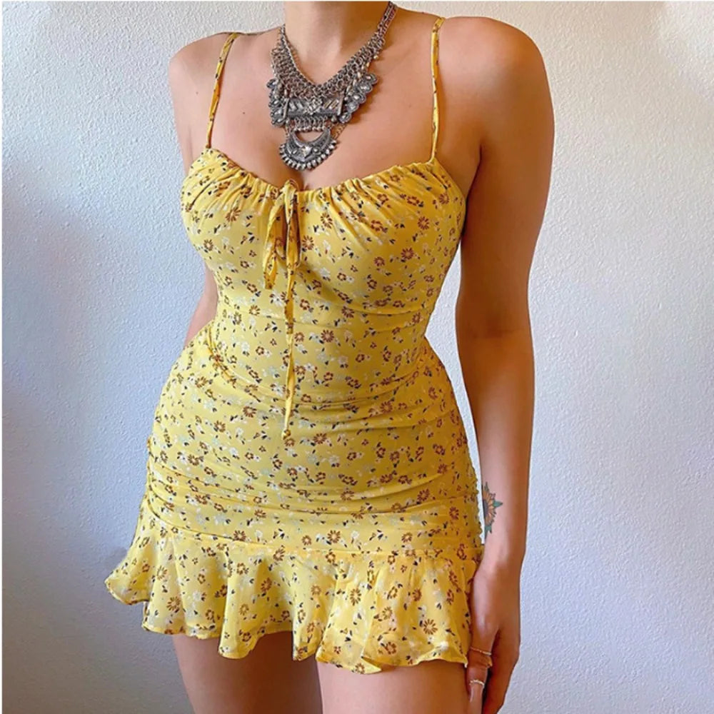 Flower Pattern Spaghetti Strap Deep V Lace-up Flounced Flower Dress