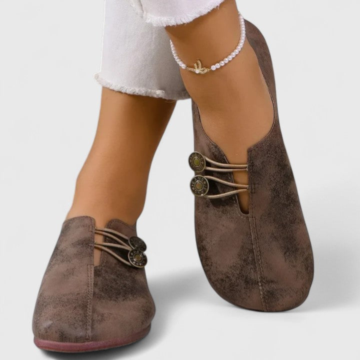 Bronze Button Lace Up Suede Round Toe Casual Flat