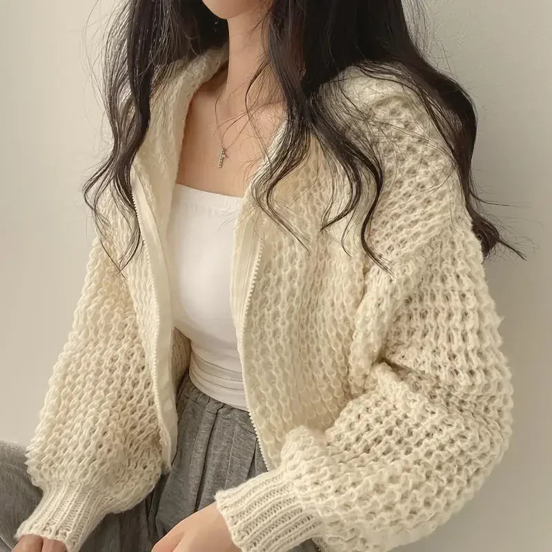 Short Hooded Perforated Knit Cardigan – view 3