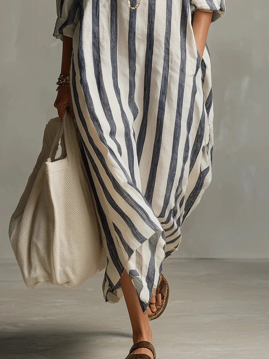 Striped Oversized Linen Shirt Casual Maxi Dress