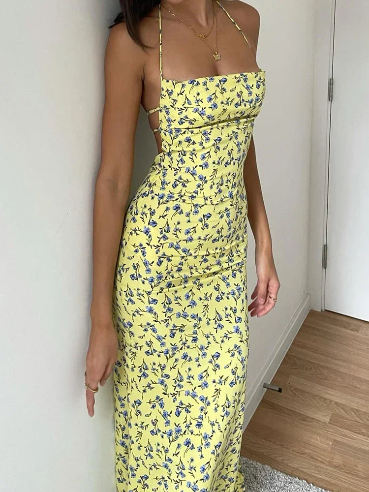Tie-Up Halter Flower Open-Back Bodycon Dress