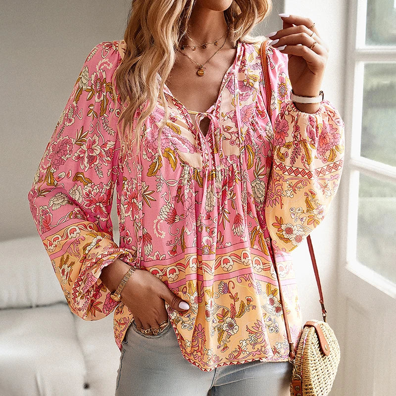Soft Rayon Floral Printed Extended Sleeve Seaside Boho Top
