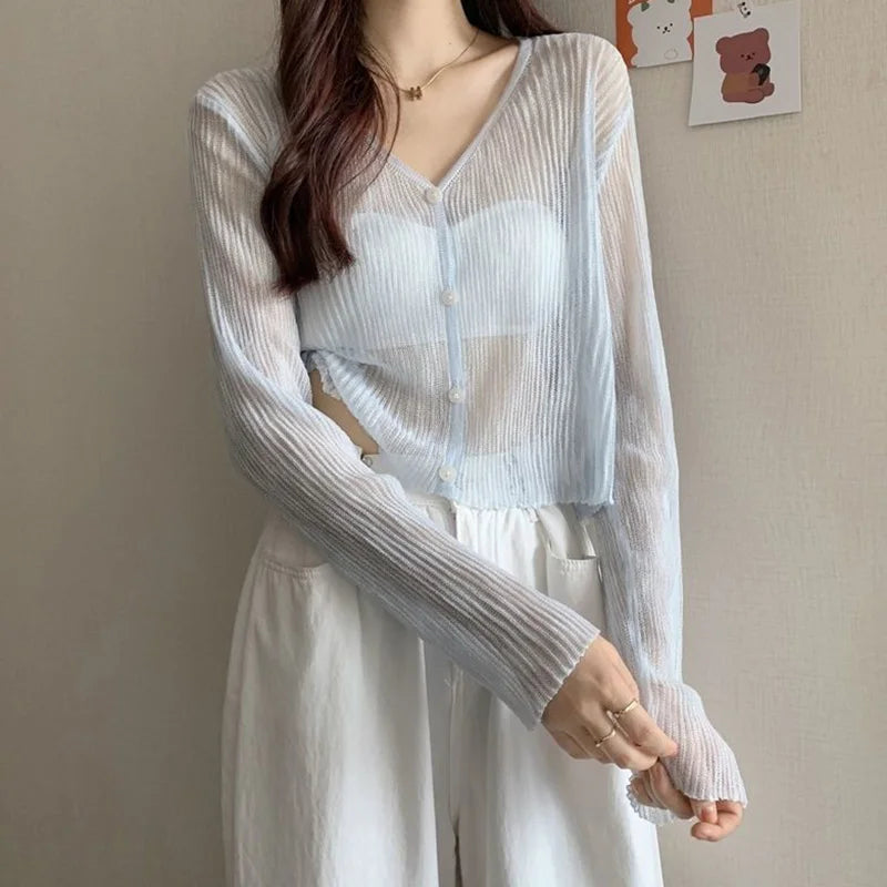 Sheer Silk Transparent Slim Pink Knitted Cardigan – view 4