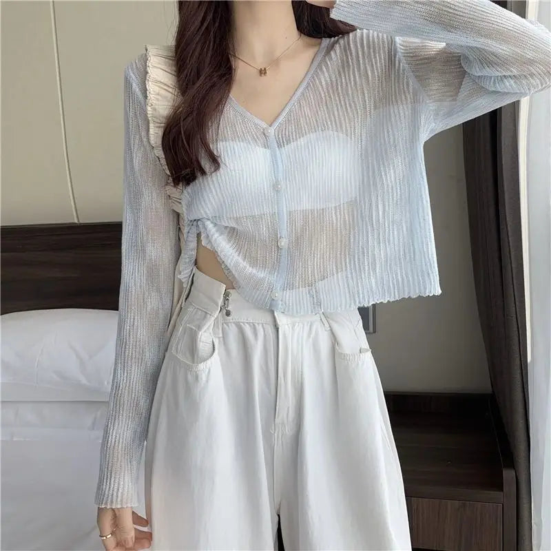 Sheer Silk Transparent Slim Pink Knitted Cardigan – view 3