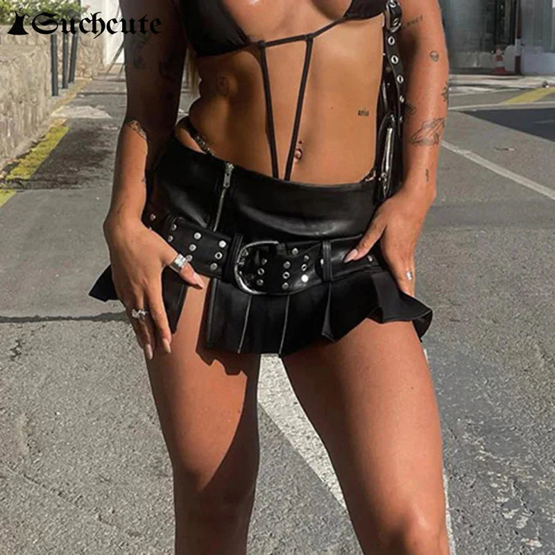 Gothic Rivet Pleated Leather Skirt