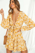 Floral Print Deep V-neck Ruffles Long Sleeve Mini Boho Dress