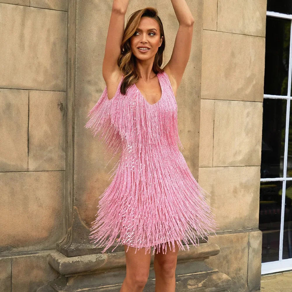 Sequin Fringe Tiered V Neck Sleeveless Party Mini Dress