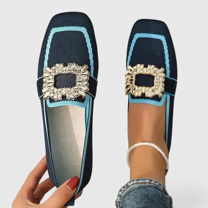 Jewel Buckle Contrast Trim Knit Square Toe Loafer