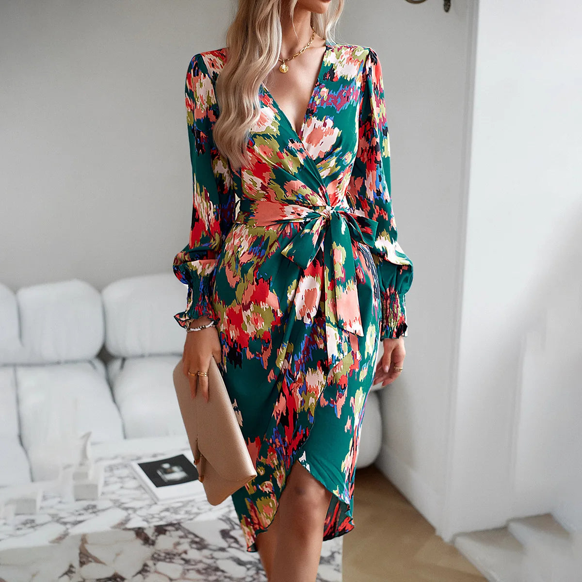 Stylish Plunging Neckline Long Bohemian Printed Dress – view 4