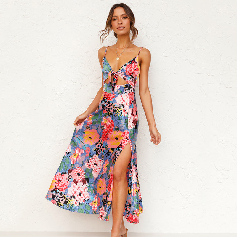Floral Satin Tie Front Cut Out Spaghetti Strap Midi Dress