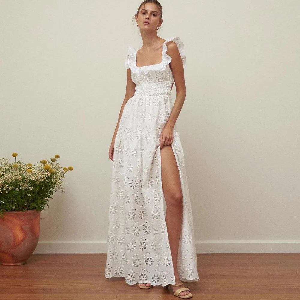 White Cotton Floral Lace Long Dress
