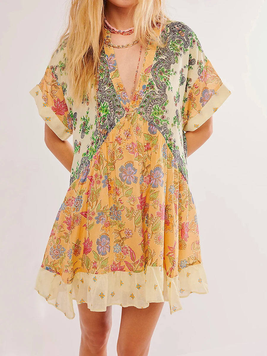 Warm Bohemian Babydoll Flower Pattern V-Neck Dress