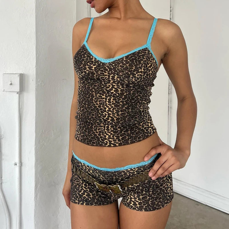 90s Dance Leopard Print 2 Piece Set Lace Trim Spaghetti Strap Camis + Shorts Y2K Retro Crop Tops Seductive Club Party Matching Suit
