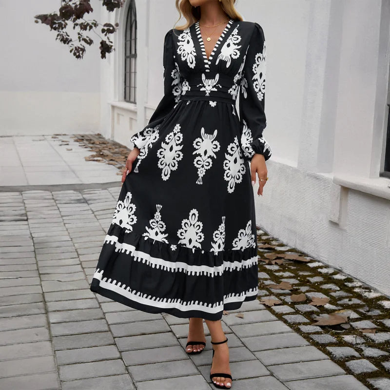 Stylish Printed V-neck A-line Boho Dress