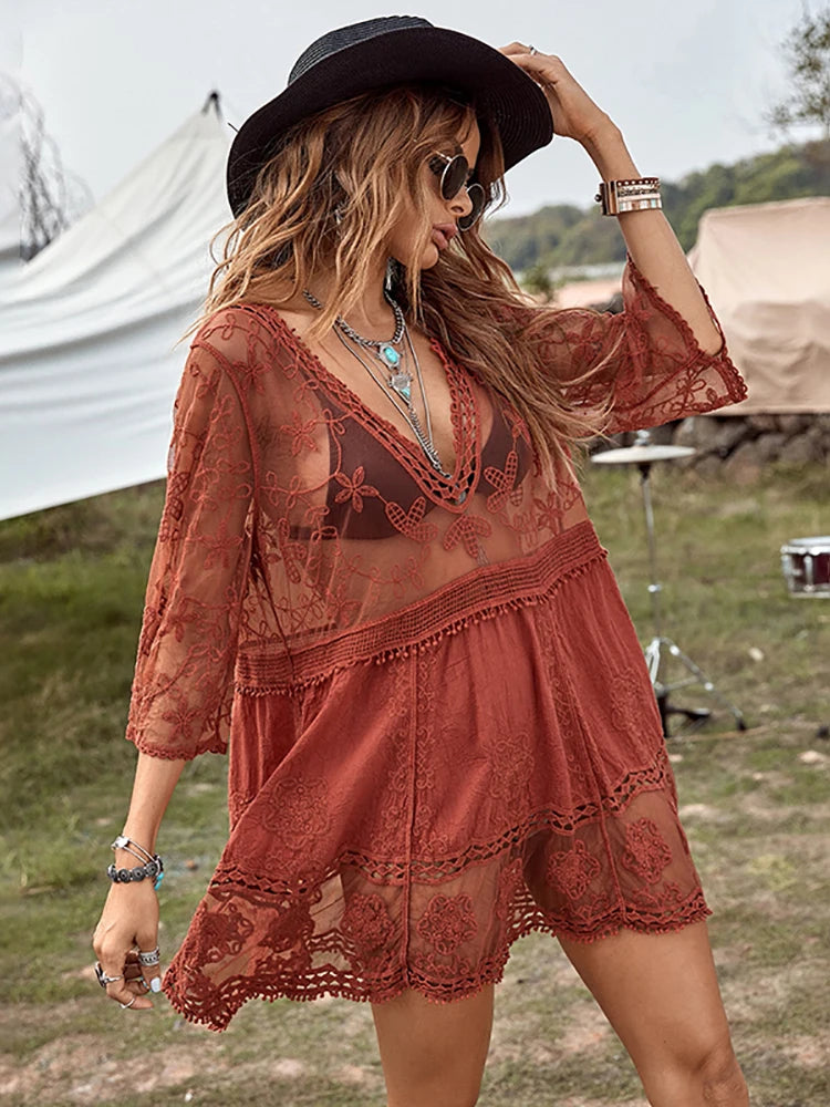 V-neck Transparent Lace Boho Cover-up – view 5