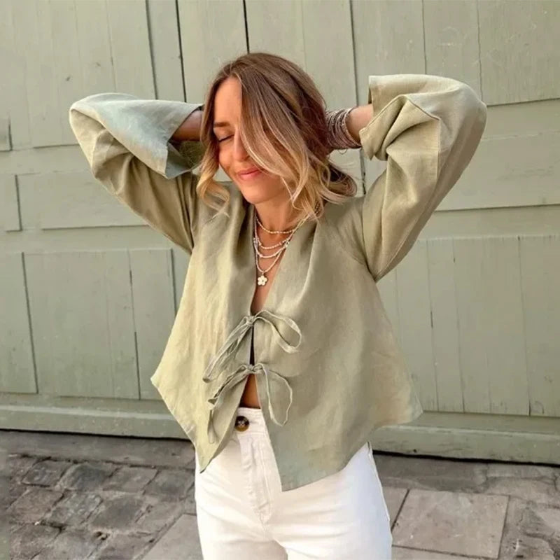 Verdant Linen Tie-Up Extended Sleeve V-neck Blouse