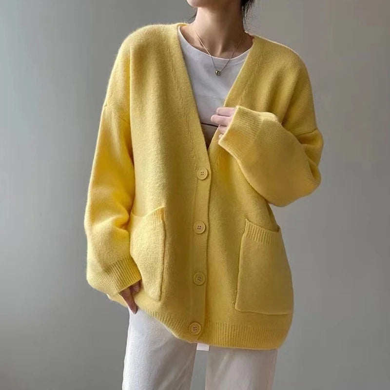 Sluggish Breeze Gold Solo-Buttoned Knitted Cardigan