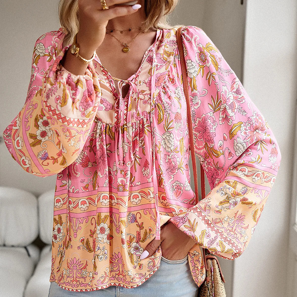 Soft Rayon Floral Printed Extended Sleeve Seaside Boho Top