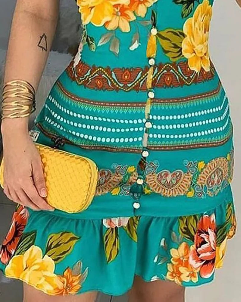 Deep-neck Buttoned Design Flower Print Dress