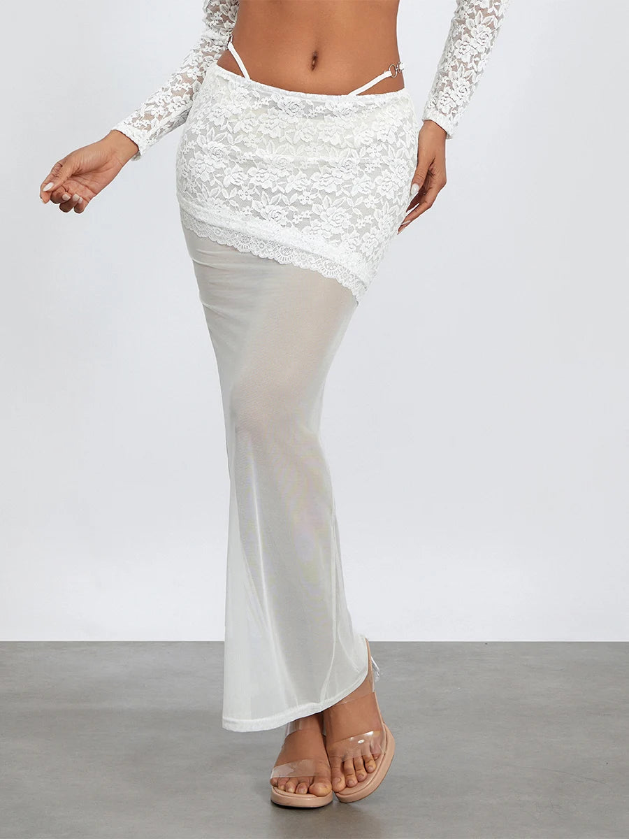 Ivory Lace Patchwork Cropped Shrug Blossom Skirt Set