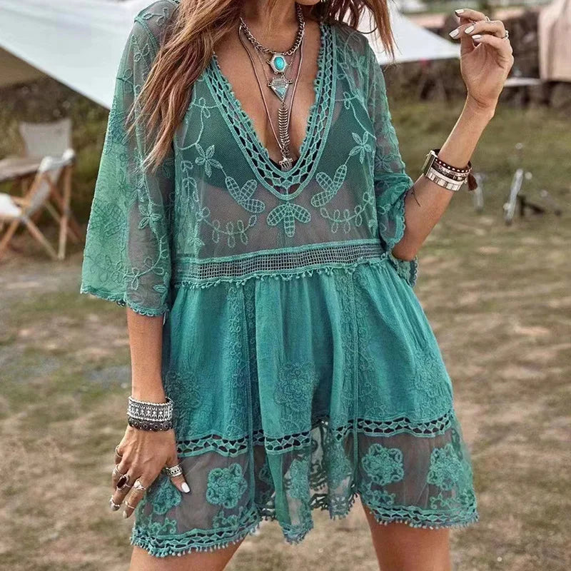 Delicate Deep Plunge Botanical Stitching Bohemian Wrap