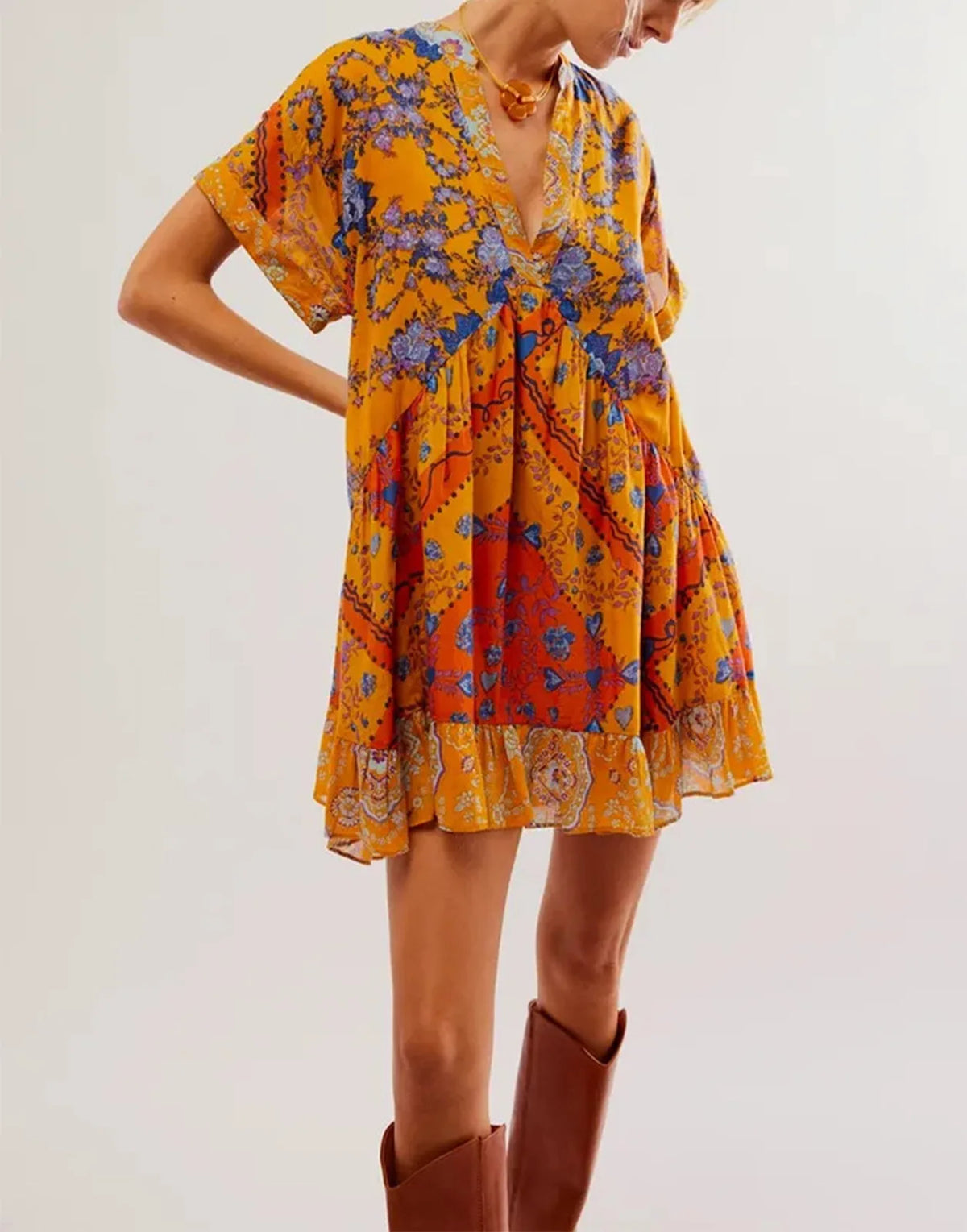 Warm Bohemian Babydoll Flower Pattern V-Neck Dress