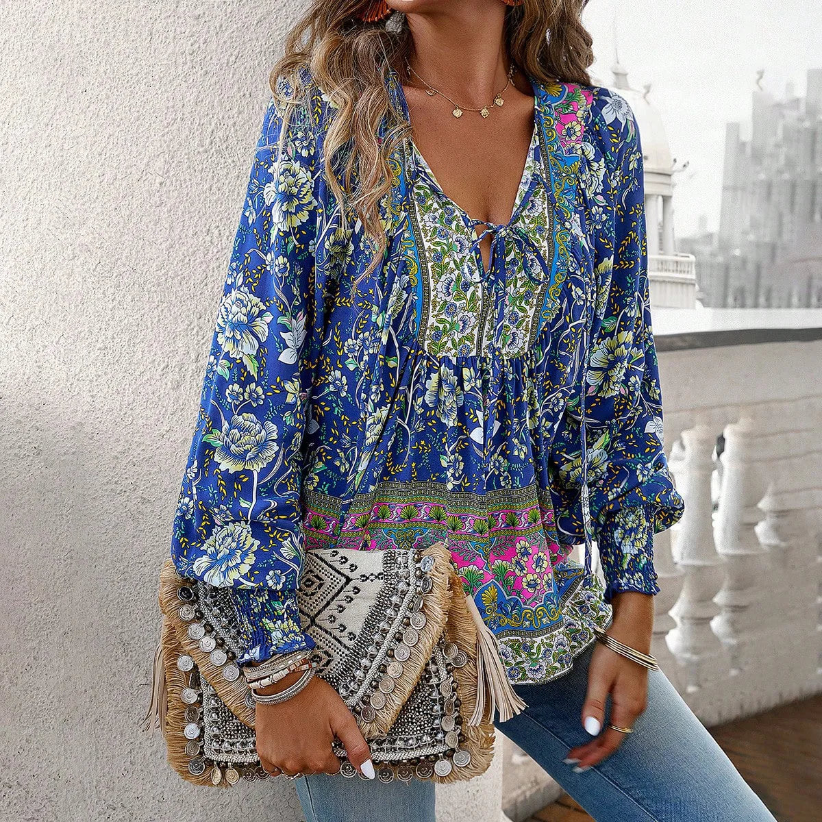 Informal V-Neck Flower Pattern Extended Sleeve Boho Top