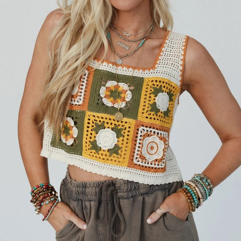 Granny Square Crochet Floral Embroidery Cami Top
Modified Output: Elderly Square Knitted Flower Stitched Camisole Top