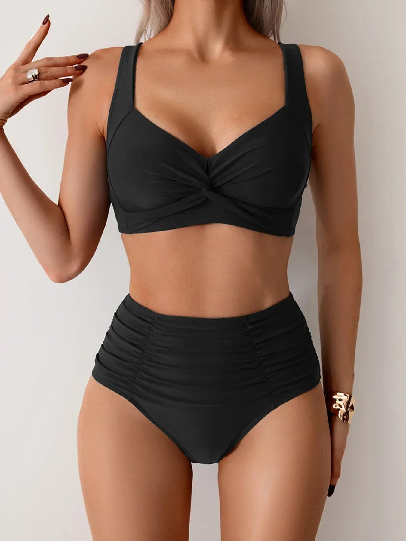 Twist Front Ruched High Waist Bikini Set