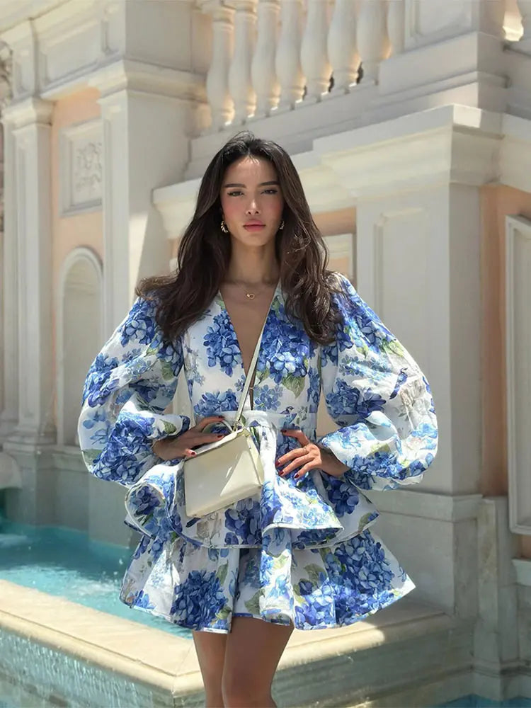 Flower V-Neck Frill Mini Flower Dress