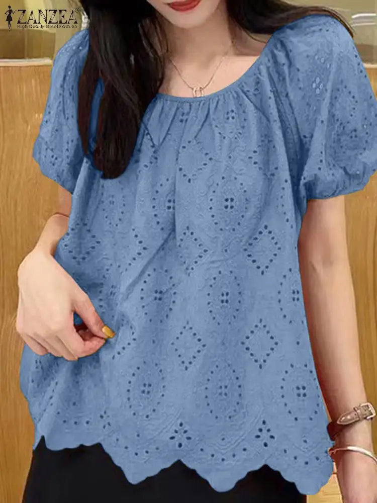 Decorated Puff Sleeve Informal Lace Patchwork Top