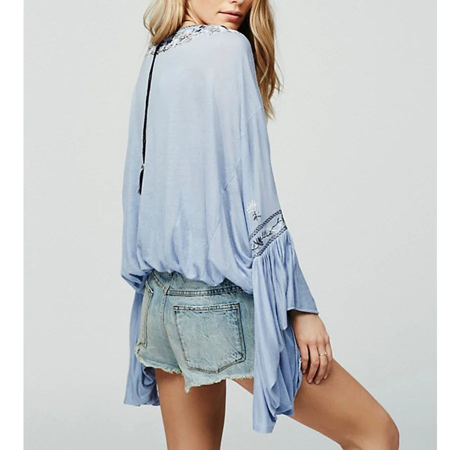 Flower Stitched Flare Sleeve V-Neck Informal Bohemian Blouse