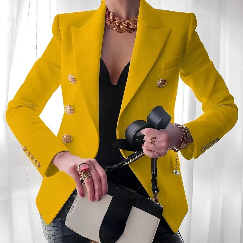 Gold Coin Button Double Breasted Peak Lapel Slim Fit Blazer