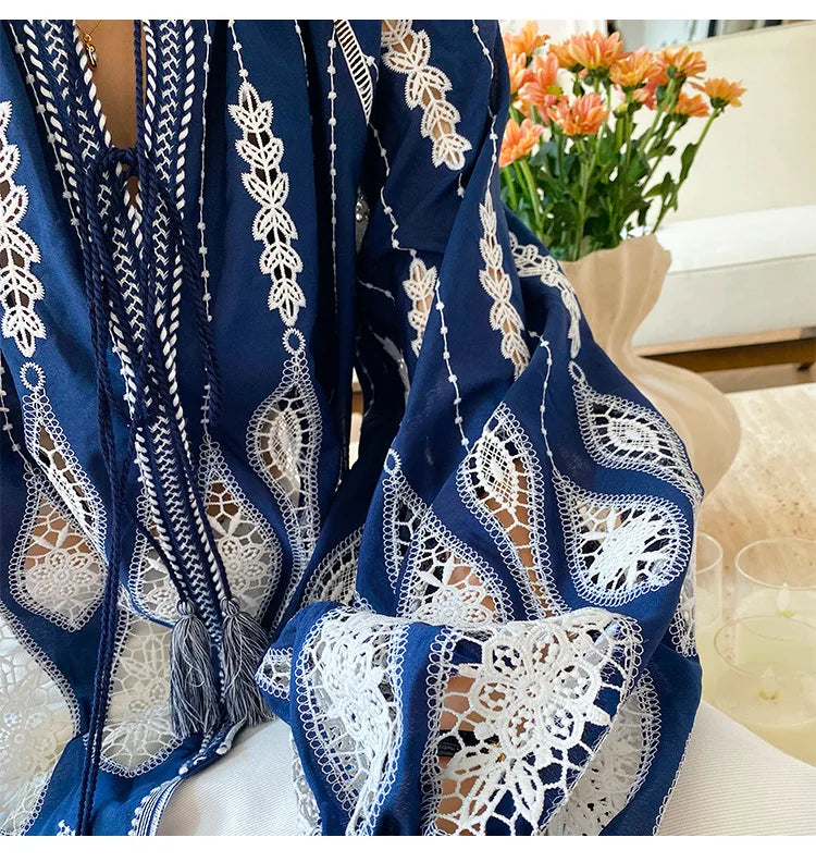Navy Stitched Lantern Sleeve Ethnic Boho Top